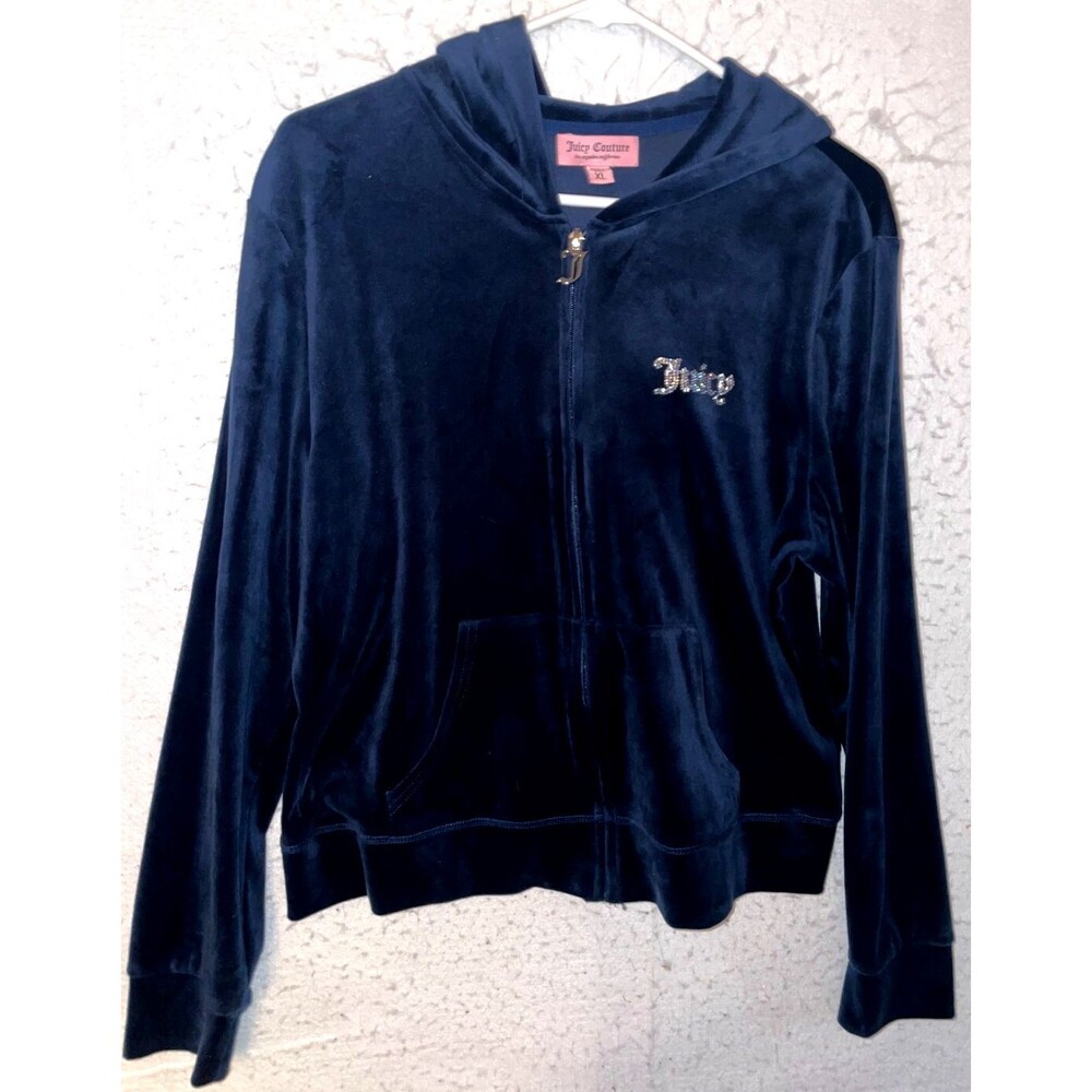 Juice Couture Women's XL Velour Full Zip Hoodie Jacket Bling Logo Navy Blue